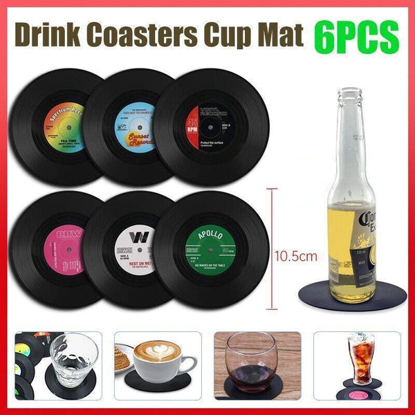6Pcs Retro Vinyl Record Drink Set Round Abs Cup Mats For Home Or Bar Coasters