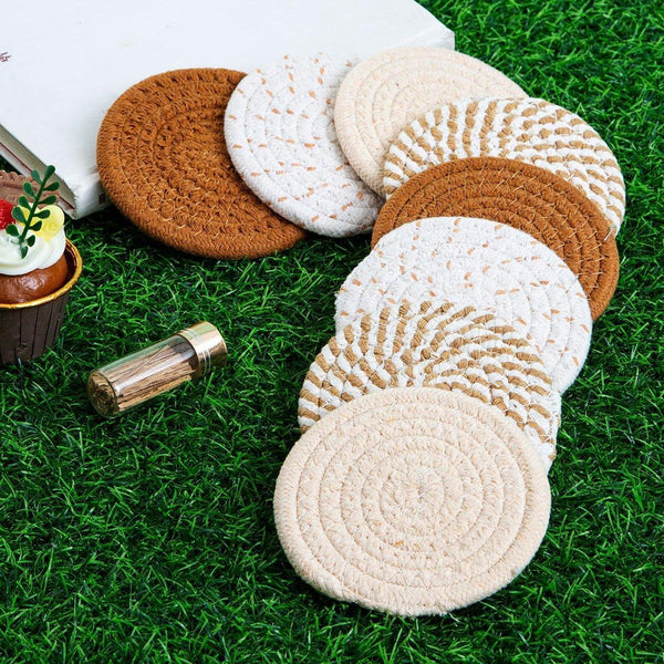 8Pcs Round Cotton Woven Coaster Heat Resistant Thick Insulation Dining Table Mat Coasters