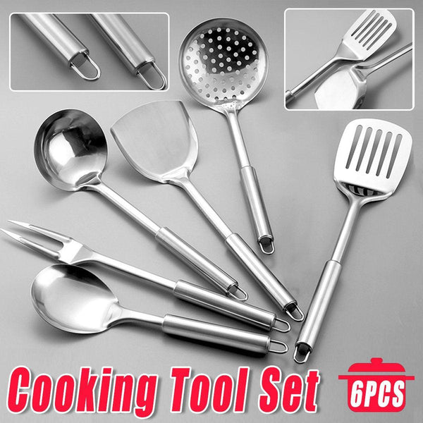 6Pcs Stainless Steel Kitchen Utensil Set With Frying Spatula Colander And Spoon Spatulas