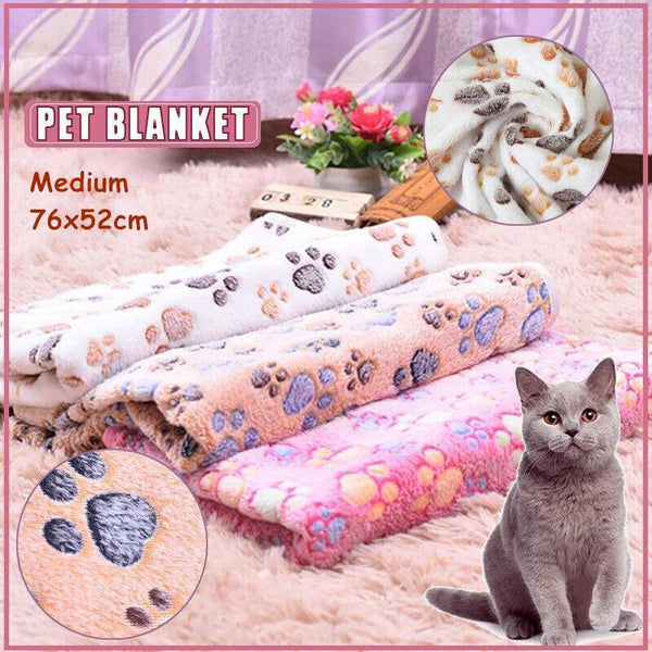 Medium Size Pet Mat Paw Print Cat Dog Puppy Fleece Soft Blanket Bed Cushion Beige Dog Blankets