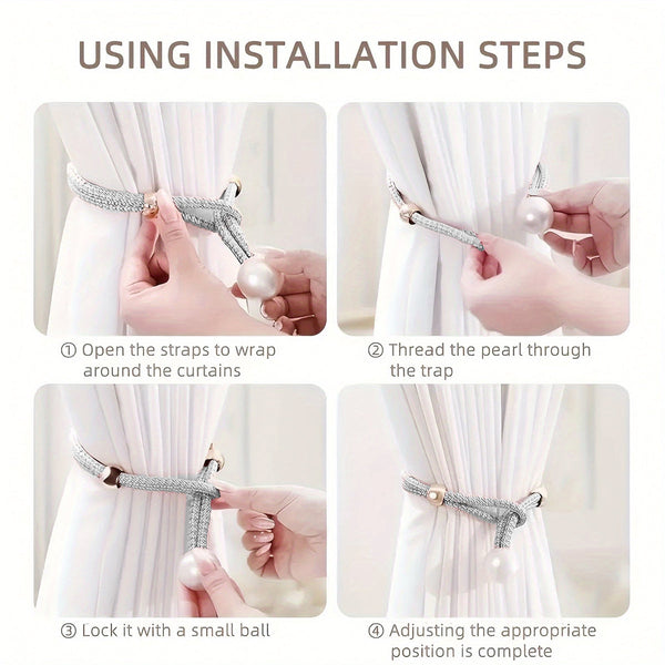 Curtain Tiebacks Pearl Strap Set 3 Pairs Decorative Buckle Holder Rings Hooks White Other Curtains & Accessories
