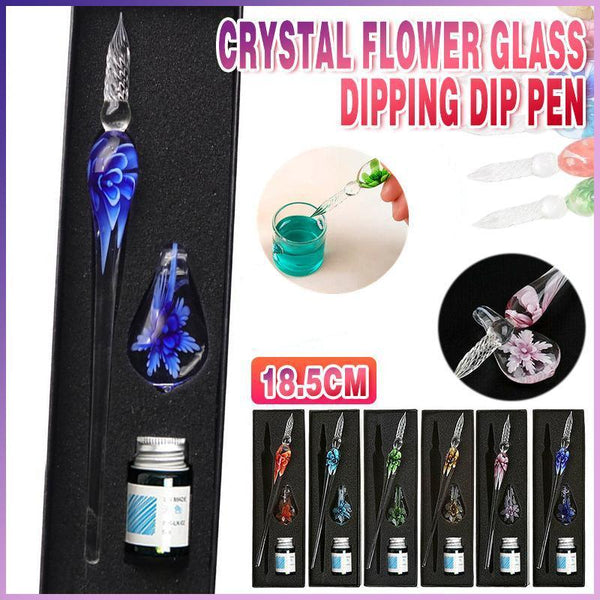 Crystal Flower Glass Dipping Pen Writing Set Gift Pack Fountain Calligraphy Sky Blue Calligraphy Sets