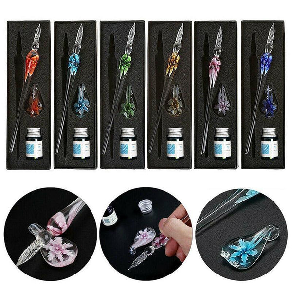 Crystal Flower Glass Dipping Pen Writing Set Gift Pack Fountain Calligraphy Sky Blue Calligraphy Sets