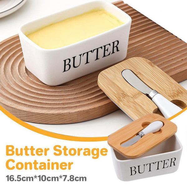 Ceramic Butter Dish Box Storage Tray Container W/ Bamboo Lid & Cutter Butter Dishes