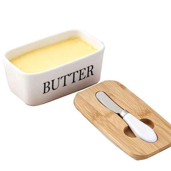 Ceramic Butter Dish Box Storage Tray Container W/ Bamboo Lid & Cutter Butter Dishes