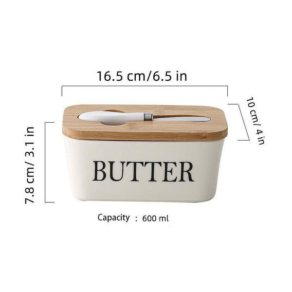 Ceramic Butter Dish Box Storage Tray Container W/ Bamboo Lid & Cutter Butter Dishes