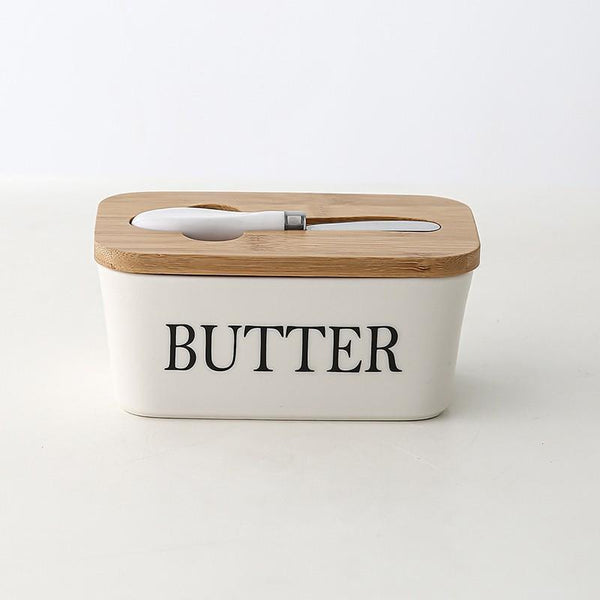 Ceramic Butter Dish Box Storage Tray Container W/ Bamboo Lid & Cutter Butter Dishes