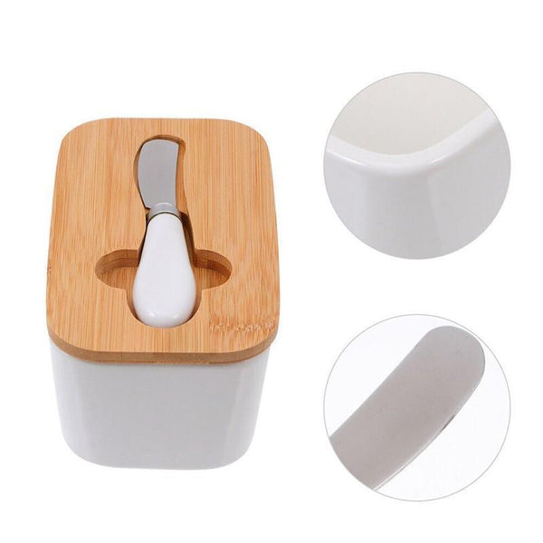 Ceramic Butter Dish Box Storage Tray Container W/ Bamboo Lid & Cutter Butter Dishes