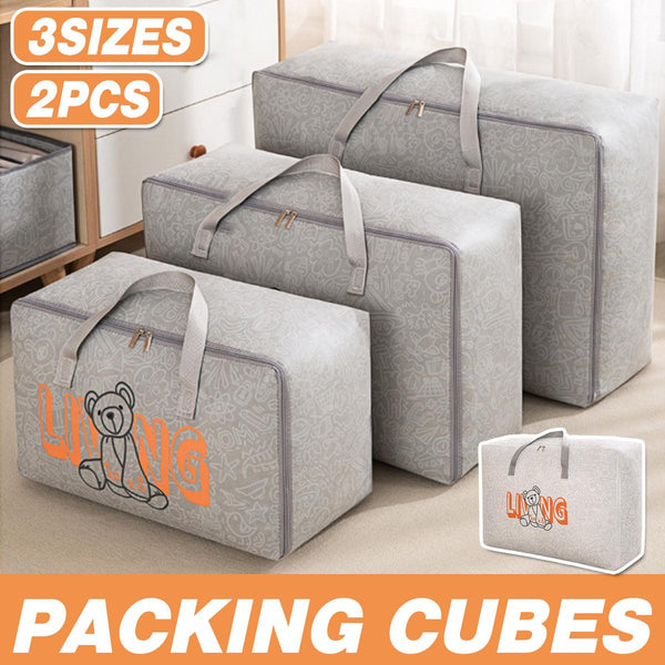 2Pcs Cartoon Bear Luggage Organizer Blanket Quilt Closet Box Set White M Storage Bags