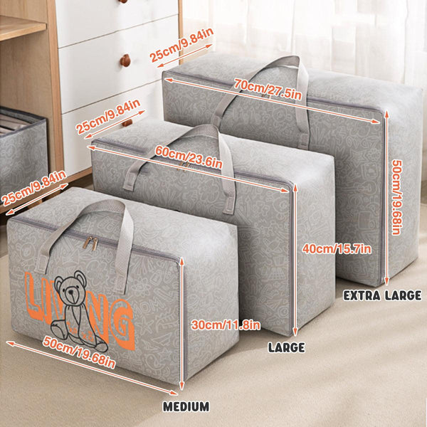 2Pcs Cartoon Bear Luggage Organizer Blanket Quilt Closet Box Set White M Storage Bags