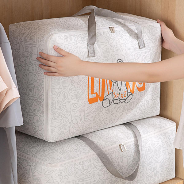 2Pcs Cartoon Bear Luggage Organizer Blanket Quilt Closet Box Set White M Storage Bags