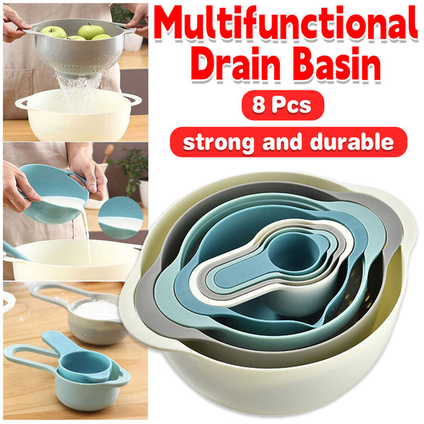 8Pcs Plastic Basin Set Drain Basket Washing Mixing Bowl Kitchen Baking Tools Colanders Strainers & Sifters