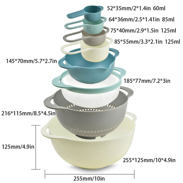 8Pcs Plastic Basin Set Drain Basket Washing Mixing Bowl Kitchen Baking Tools Colanders Strainers & Sifters