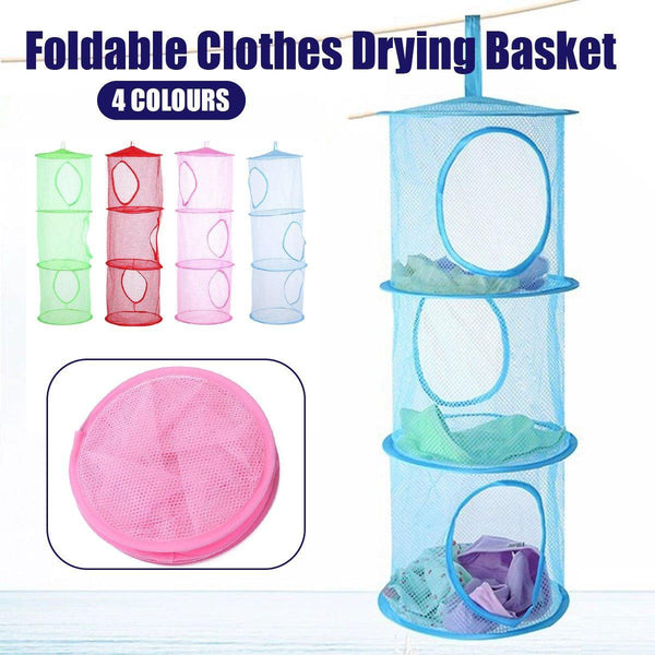 Foldable Clothes Drying Basket Three Layer Hanging Storage Breathable Organizer Blue Laundry Baskets & Hampers