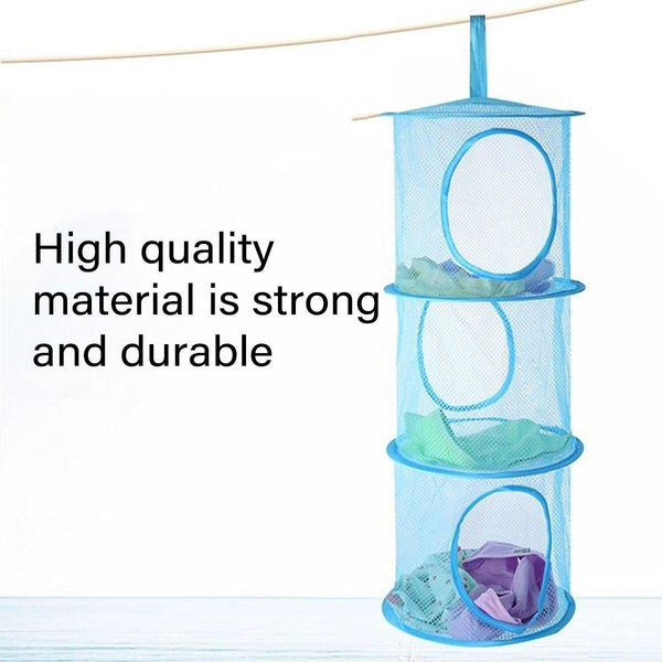 Foldable Clothes Drying Basket Three Layer Hanging Storage Breathable Organizer Blue Laundry Baskets & Hampers