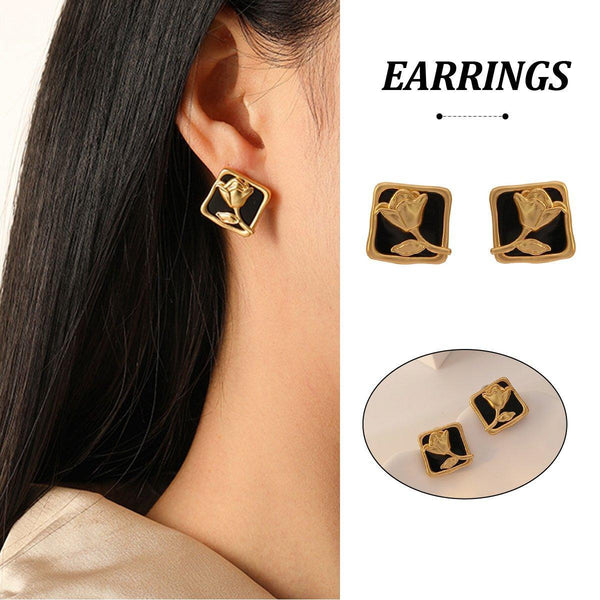 Matte Black Rose Square Stud Elegant Fashion Jewelry Women Earrings