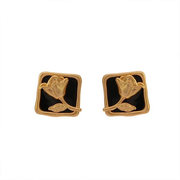 Matte Black Rose Square Stud Elegant Fashion Jewelry Women Earrings