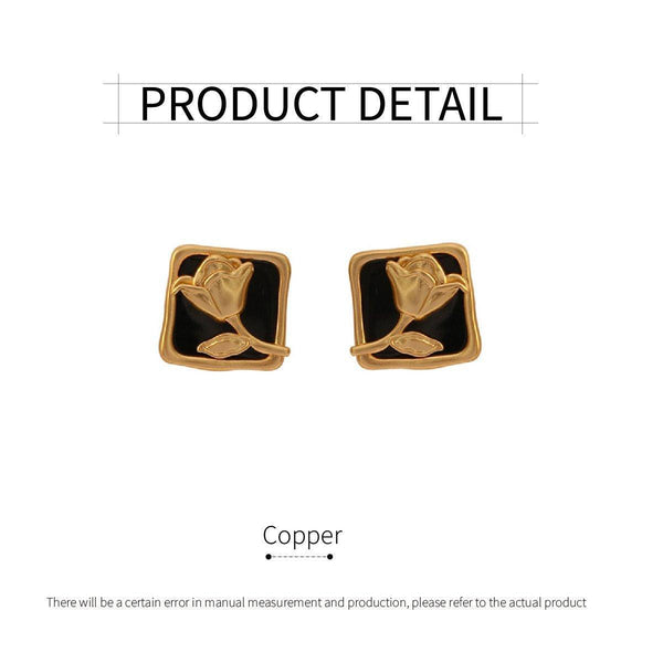 Matte Black Rose Square Stud Elegant Fashion Jewelry Women Earrings