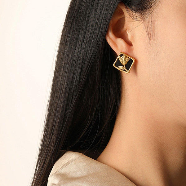 Matte Black Rose Square Stud Elegant Fashion Jewelry Women Earrings