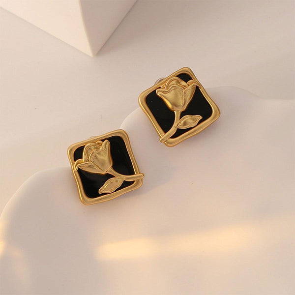 Matte Black Rose Square Stud Elegant Fashion Jewelry Women Earrings