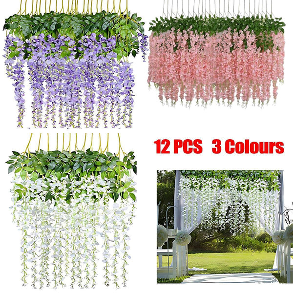 12X Artificial Silk Fake Flower Garland Vine Wisteria Leaf Hanging Wedding Decor White Artificial Plants