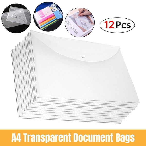 12Pcs A4 Plastic File Bag Translucent Document Storage Pouch With Button Closure Id & Document Holders