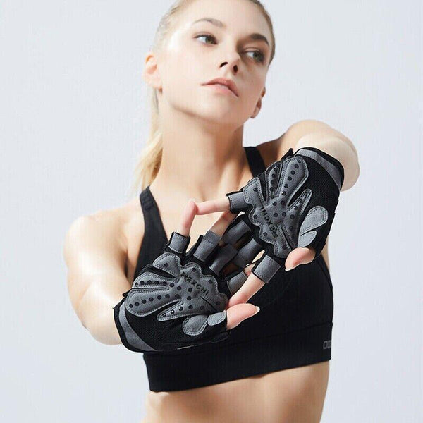 L Size Women Fitness Gym Training Gloves Half Finger Gel Weight Lifting Workout Grey Gloves Straps & Hooks
