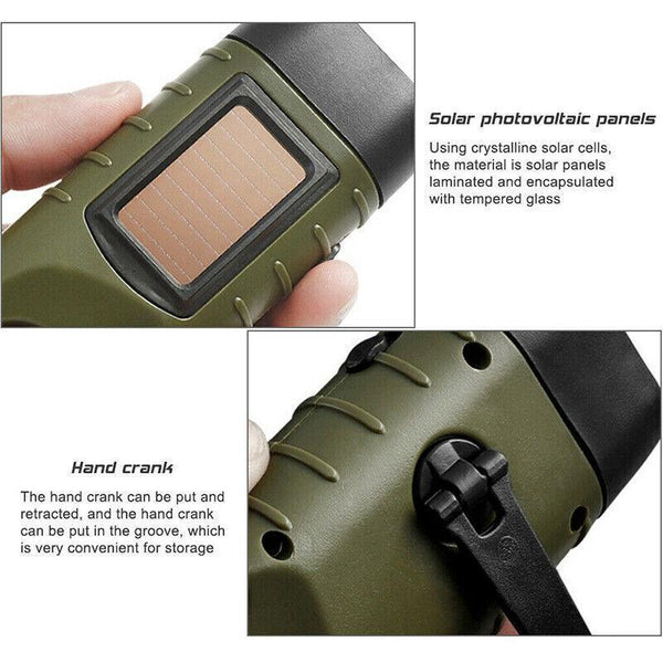 Hand Crank Solar Powered Rechargeable Led Camping Emergency Flashlight Green Flashlights