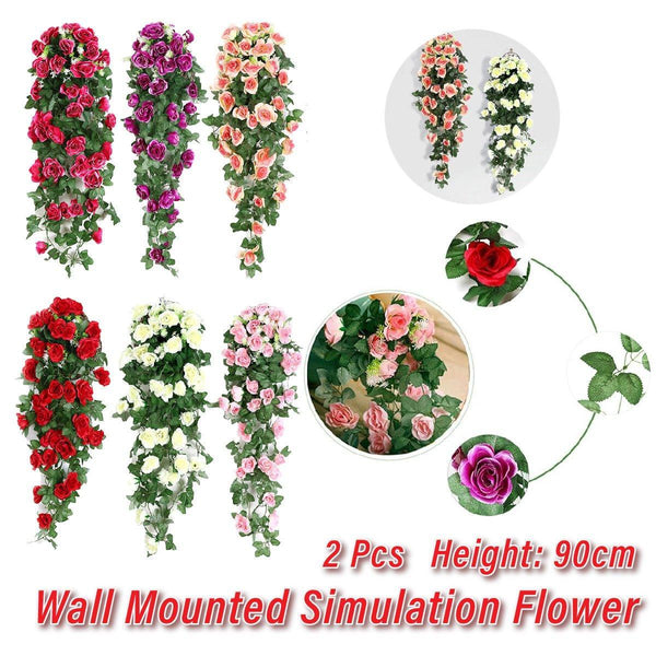 2Pcs Artificial Rose Flower Garland Hanging Vine Home Wall Decor Fake Rattan Red Artificial Plants