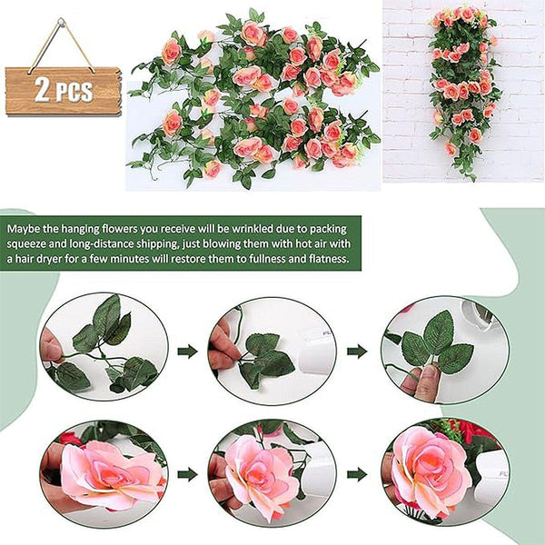 2Pcs Artificial Rose Flower Garland Hanging Vine Home Wall Decor Fake Rattan Red Artificial Plants