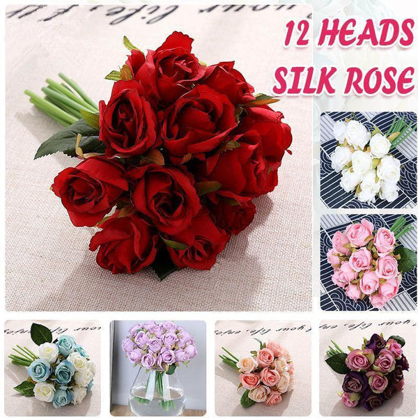 12 Heads Silk Rose Artificial Flowers Fake Bouquet Champagne Artificial Plants