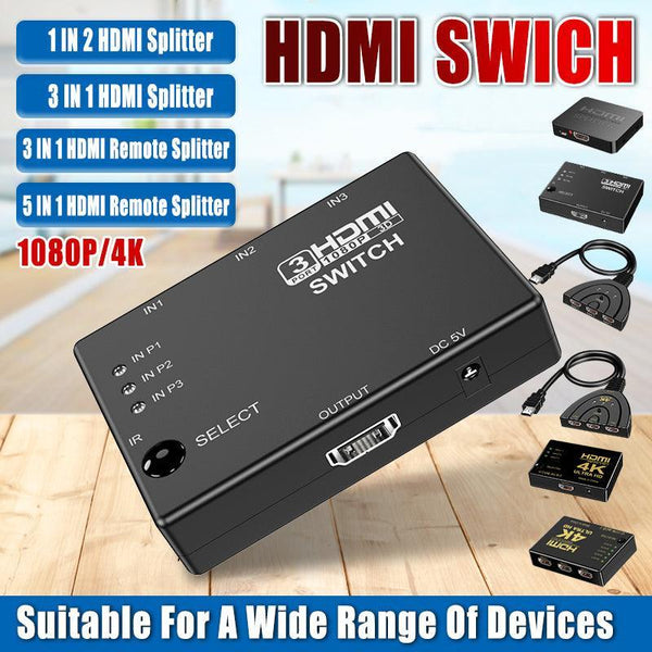 Hdmi Switch Splitter 3 In 1 5 Or 2 1080P 4K Manual Remote Options Ir Power Cables & Connectors