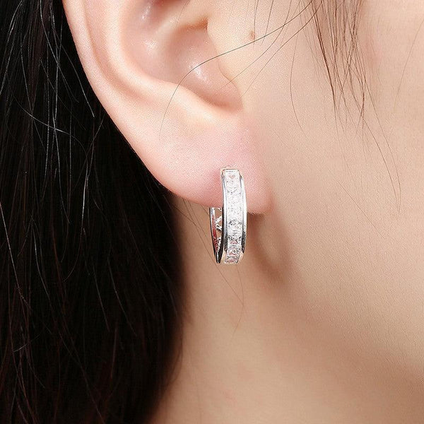 925 Sterling Silver Filled Clear Zircon Crystal Huggie Hoop Earrings