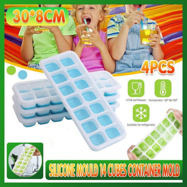 4Pcs Ice Cube Tray With Lid Easy Release Silicone Mould 14 Cubes Container Mold Blue Ice Cubes Trays & Moulds