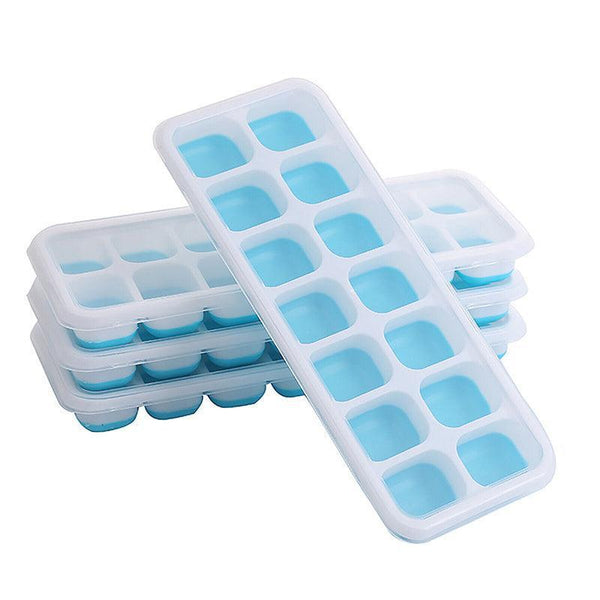 4Pcs Ice Cube Tray With Lid Easy Release Silicone Mould 14 Cubes Container Mold Blue Ice Cubes Trays & Moulds
