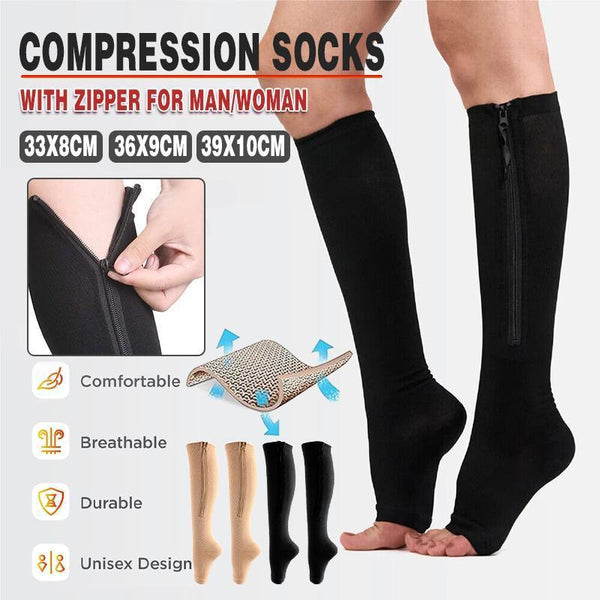 Zip Sox Compression Socks Zipper Leg Support Knee Open Toe Shaper Stockings Beige L/Xl Support & Protective Gear
