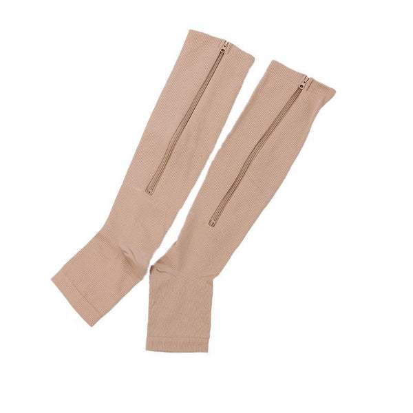 Zip Sox Compression Socks Zipper Leg Support Knee Open Toe Shaper Stockings Beige L/Xl Support & Protective Gear