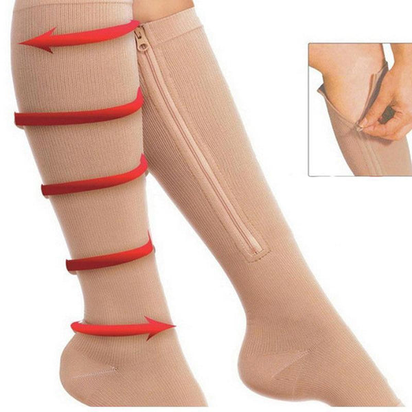 Zip Sox Compression Socks Zipper Leg Support Knee Open Toe Shaper Stockings Beige L/Xl Support & Protective Gear