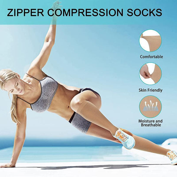 Zip Sox Compression Socks Zipper Leg Support Knee Open Toe Shaper Stockings Beige L/Xl Support & Protective Gear