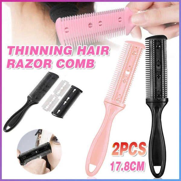 2Pcs Razor Comb With Blades Trimmer Diy Double Sides Hair Thinning Pink+Black Brushes & Combs