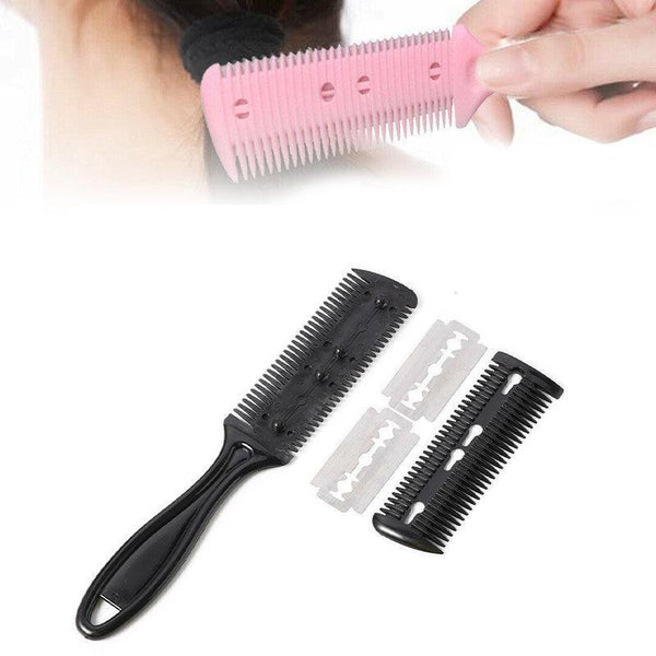 2Pcs Razor Comb With Blades Trimmer Diy Double Sides Hair Thinning Pink+Black Brushes & Combs