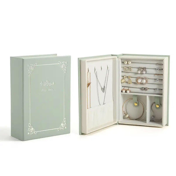 Creative Pu Leather Jewelry Box Book Earrings Rings Necklace Organizer Holder Green Jewellery Boxes