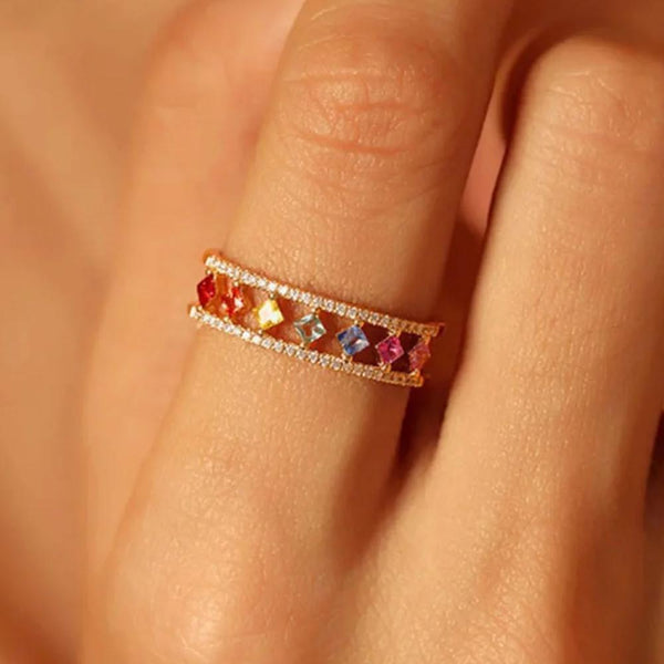 Rainbow Gold Ring Women Fashion Colorful Band Jewelry Gift 6 10 Sizes Rings
