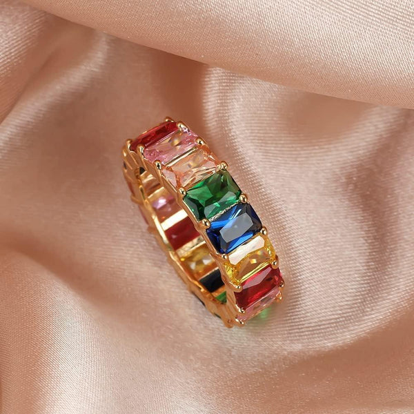 Rainbow Zircon Gemstone Ring Women's Stainless Steel Colourful Size 6 10 Gold Multicolor Rings