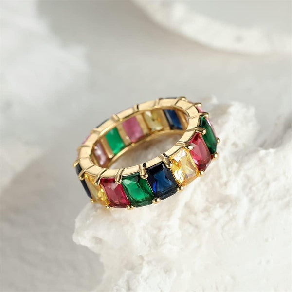 Rainbow Zircon Gemstone Ring Women's Stainless Steel Colourful Size 6 10 Gold Multicolor Rings