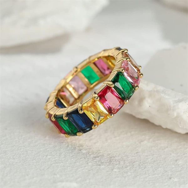 Rainbow Zircon Gemstone Ring Women's Stainless Steel Colourful Size 6 10 Gold Multicolor Rings