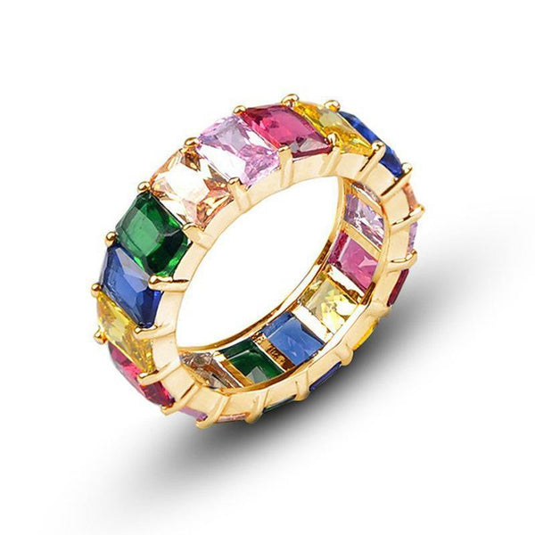 Rainbow Zircon Gemstone Ring Women's Stainless Steel Colourful Size 6 10 Gold Multicolor Rings