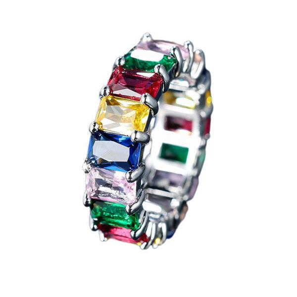 Rainbow Zircon Gemstone Ring Women's Stainless Steel Colourful Size 6 10 Silver Multicolor 10 Rings