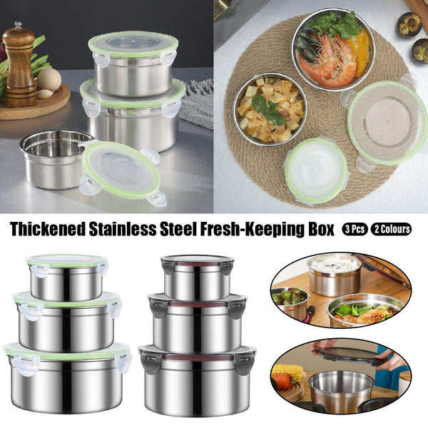 3Pcs Stainless Steel Sealed Crisper Storage Box With Lid Round Food Lunch Black Lunchboxes