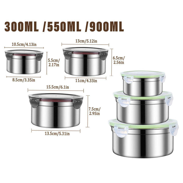 3Pcs Stainless Steel Sealed Crisper Storage Box With Lid Round Food Lunch Black Lunchboxes